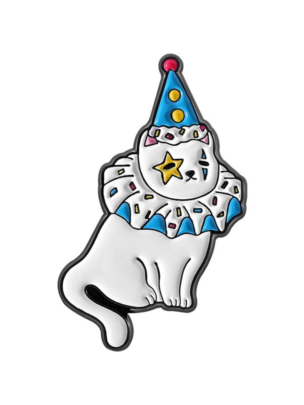 Cute Clown Cat Enamel Pin – White Cat Brooch with Party Hat & Star Face